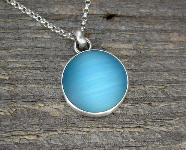 Frosted Blue Cats Eye Glass Pendant Necklace in Sterling Silver