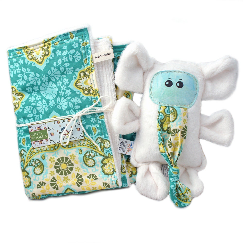 Baby Blanket w/ Plush Toy Snow Elephant w/Basil Kaleidoscope Minky Chenille Woobie