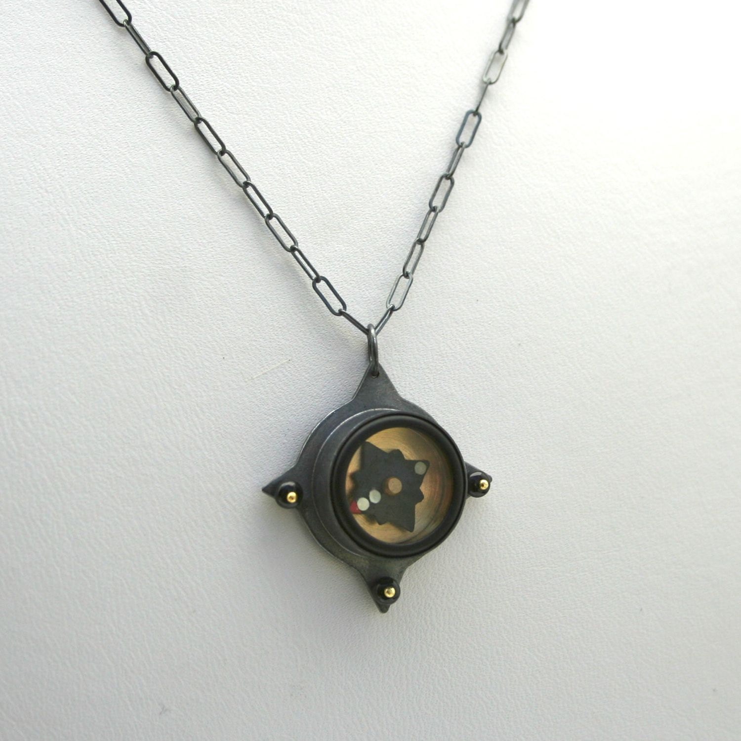 Sterling Compass Necklace  - Working Brass Compass - Stamped True - Art Metal Jewelry - FB NATO 1605 Button Compass