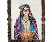 Sugar Skull Señorita, Day of the Dead Portrait, Original Vintage Paper Collage, Custom Metal Frame, By Commission