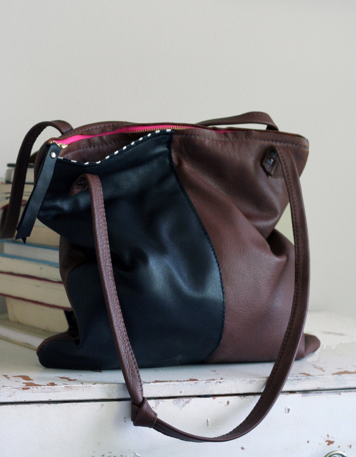 Block Leather Tote Bag in Caramel and Black
