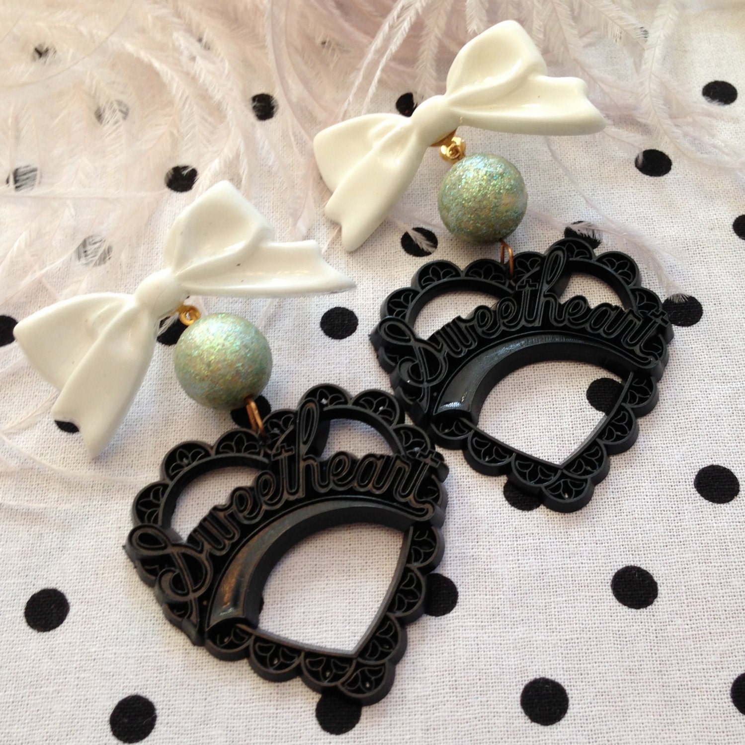 Cream, Glittery Minty, and Black Sweetheart Earrings