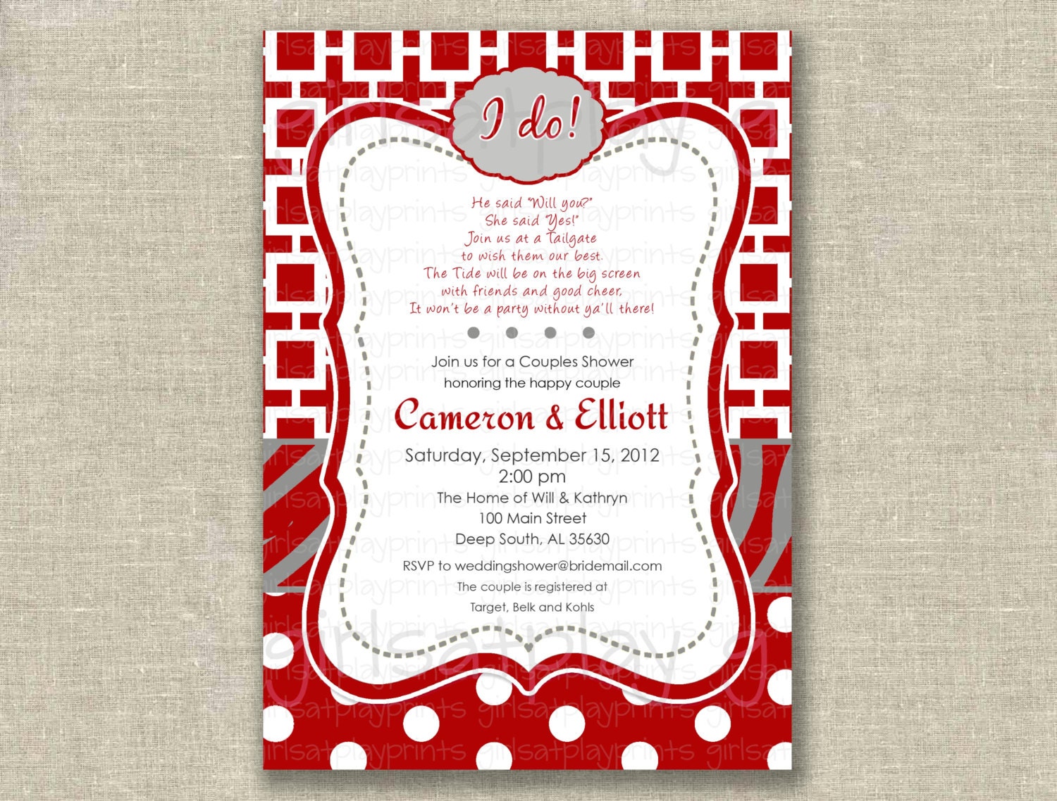 Bridal Shower Football Invitation Tailgate Alabama Crimson Tide Team Couples Custom - Printable - by girls at play girlsatplay on Etsy