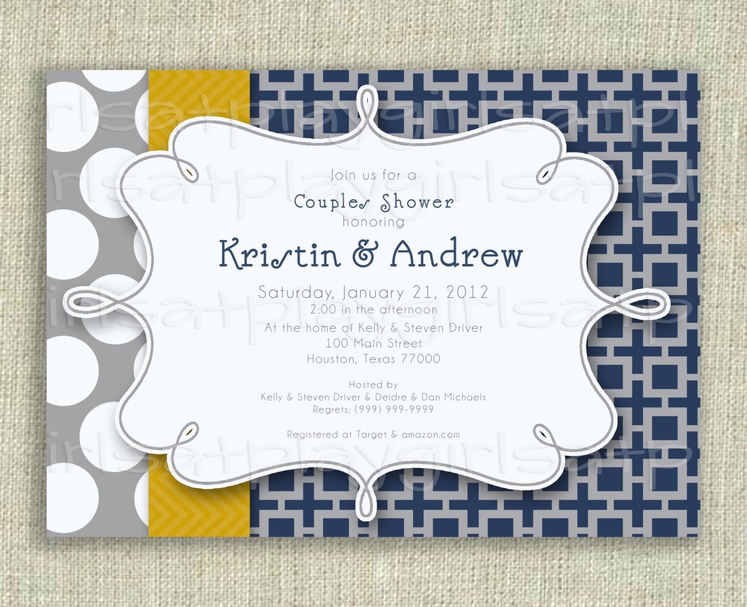 Modern Bridal Couples Shower Invitation Gray Navy Gold Polka Dots DIGITAL Printable by girlsatplay Il_570xn