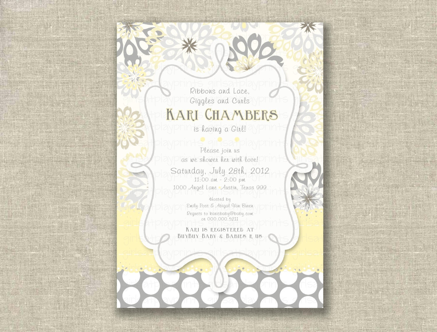 Modern Baby Shower Girl Invitation Invite Yellow Gray Floral Polka Dots - Printable DIGITAL - by girls at play girlsatplay Il_570xn