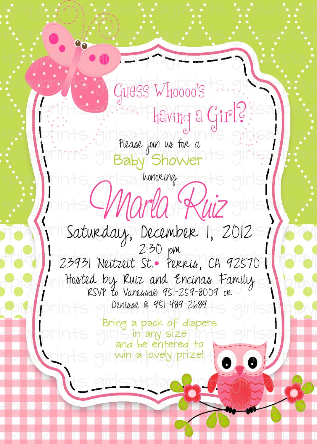 Baby Shower Girl Invitation Owl Butterfly Pink Green Birthday  - Printable DIGITAL - by girls at play girlsatplay