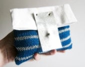 Fold over clutch bag white linen purse teal blue silver stripes knitted bag silver leather flap memake handmade handbag
