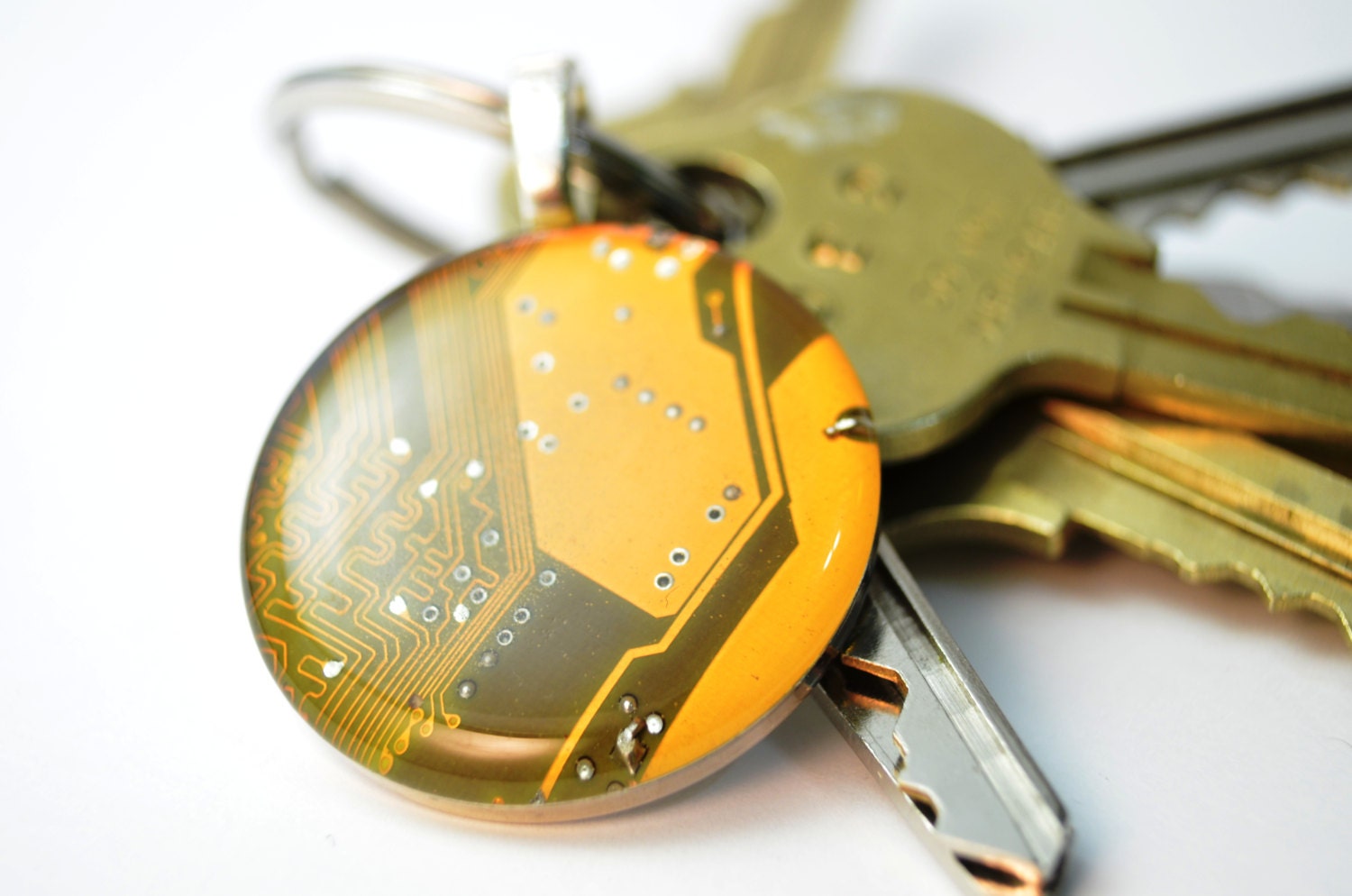 Mustard Yellow Circuit Board Keychain Mens Geeky Gift Under 25