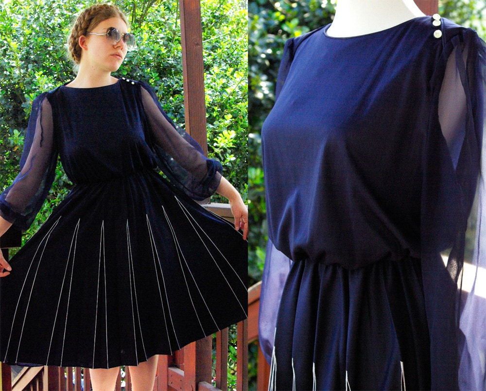 DISCO Dancing 1970's Vintage Navy Blue Polyester Dress with Full Pleated Skirt and Sheer Sleeves by RICCARDO size Small