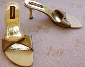 GOLDEN 1970's Vintage Gold Metallic DISCO High Heels Peep Toe Sandals by GLAMOUR size 7