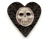 Black Heart Ivory Skull Valentine Skeleton Polymer Clay Art Face Cab Love Day of the Dead Spooky Dia De Los Muertos Ebony Halloween 2862