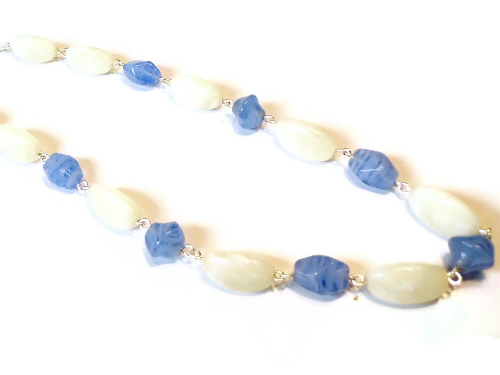 Always Yours Cream and Blue Necklace -- Beaded Necklace