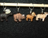 WIld animal stitch markers - one moose, buffalo, ram and cougar - with swarovski crystal - set of 4