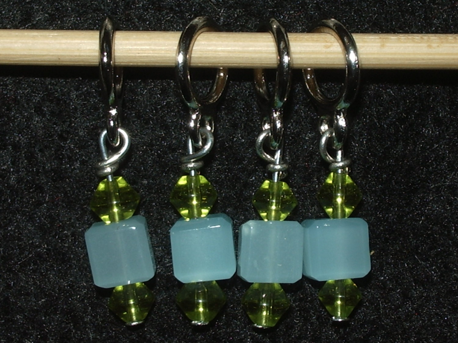 SUPER SALE - blue square and green bicone beaded stitch markers - set of 4