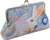Printed Alice in Wonderland SMALL clutch/shoulder bag in dupion with printed satin lining. Unique, designed by Baba Studio. Blue version.