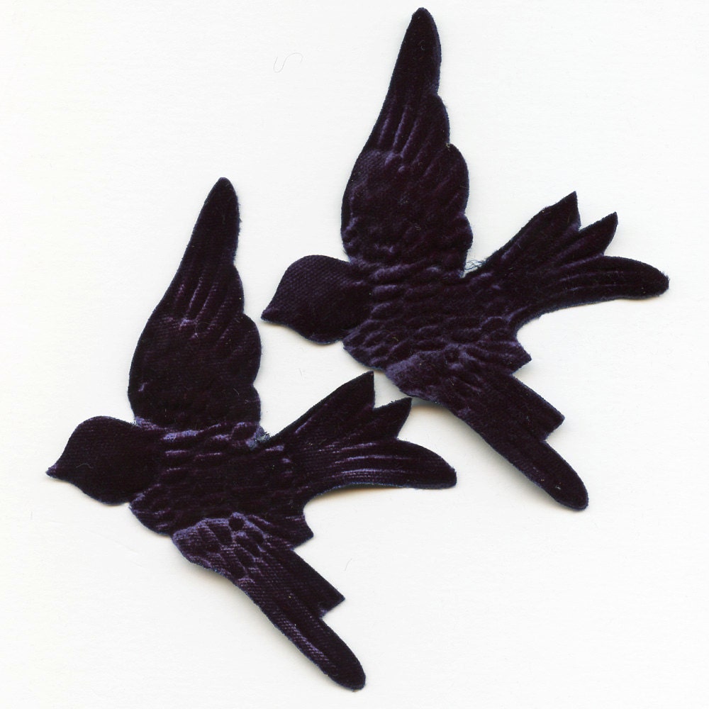 Pair  NAVY VELVeT BIRDS  Millinery  Pressed Pieces Large  Embossed from Antique Molds MORE AVAlLABLE