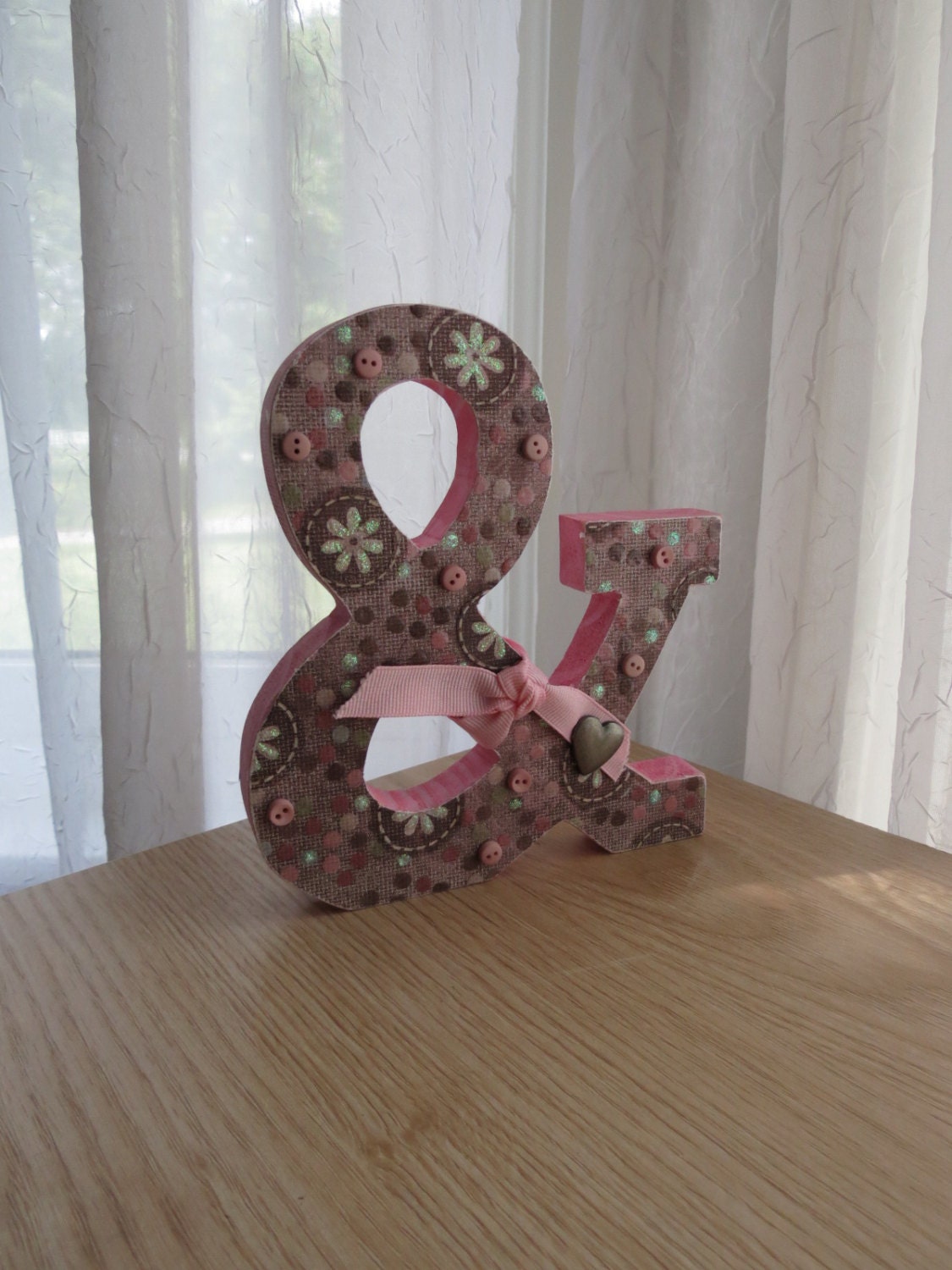 Decorative Wooden Ampersand Punctuation - Brown and Pink Dots - FREE SHIPPING