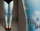NEW light blue one size Flamingo Love full length open toe and heel printed tights / pantyhose spring / summer