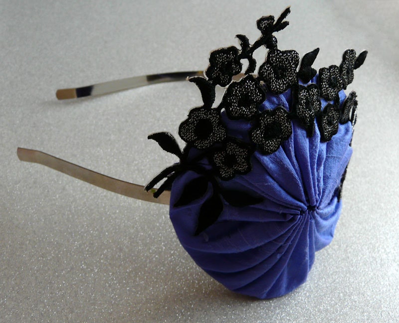 silver sakura fascinator - silk yoyo with a vintage applique (one of a kind)