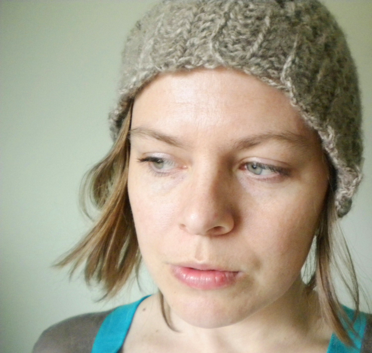 Crochet Hat - Funky Slouchy Beanie in Tweed Brown and Cream with Big White Button - Boho and Urban Crochet Hat