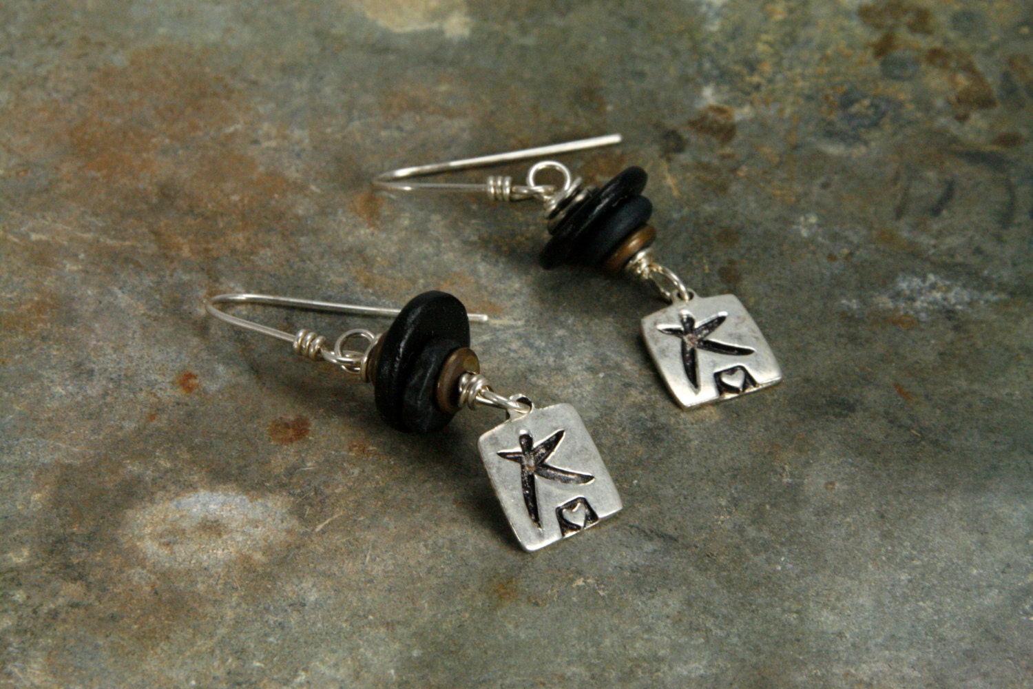 Petite Black and Sterling Silver Heart Charm Earrings
