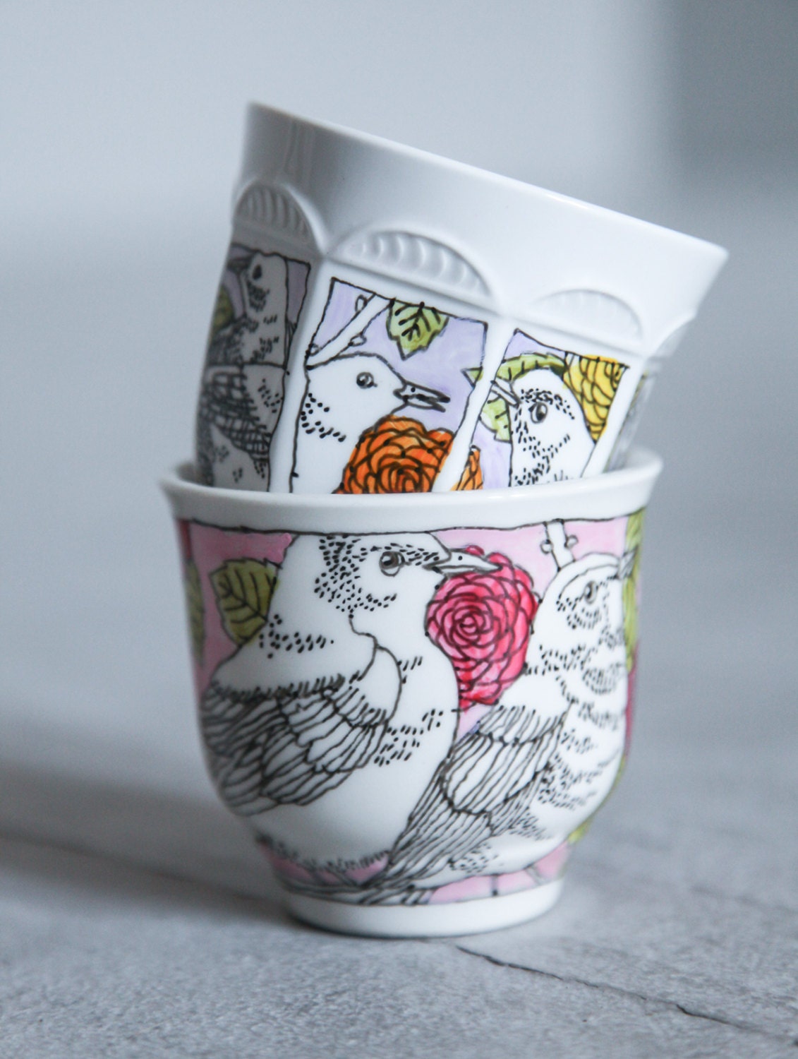 Bird in roses tea cup - pink with magenta roses