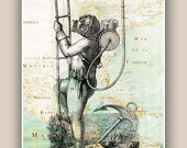 Nautical Old Diver 11x14 Print over Mexico Golf map,  Vintage image scuba diving,  Coastal Living, beach cottage decor