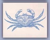 Crustacean Sea life  blue Print LARGE SIZE. 14x11,  crab, Nautical art,beach cottage decor,coastal living