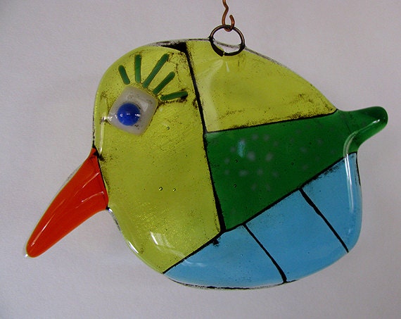 Fused glass bird suncatcher ornament decoration window decoration folk art mosaic style Bugsy