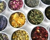 floral green tea kit in a brushed aluminum box  - a beautiful gift for a tea lover.