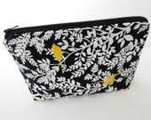 Birds on Black Hedge Large Flat Bottom Zipper Pouch Cosmetic Bag ECO Friendly Padded