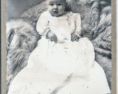 Mixed Media Collage Antique cabinet photo BABY victorian Christening gown white laying on FUR