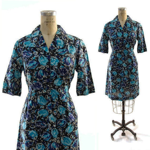 50s Handmade Linen Babydoll Shirt Dress with Abstract Floral Print