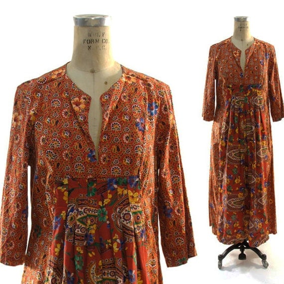 70's Batik Cotton Maxi Dress or Caftan in Shades of Sienna