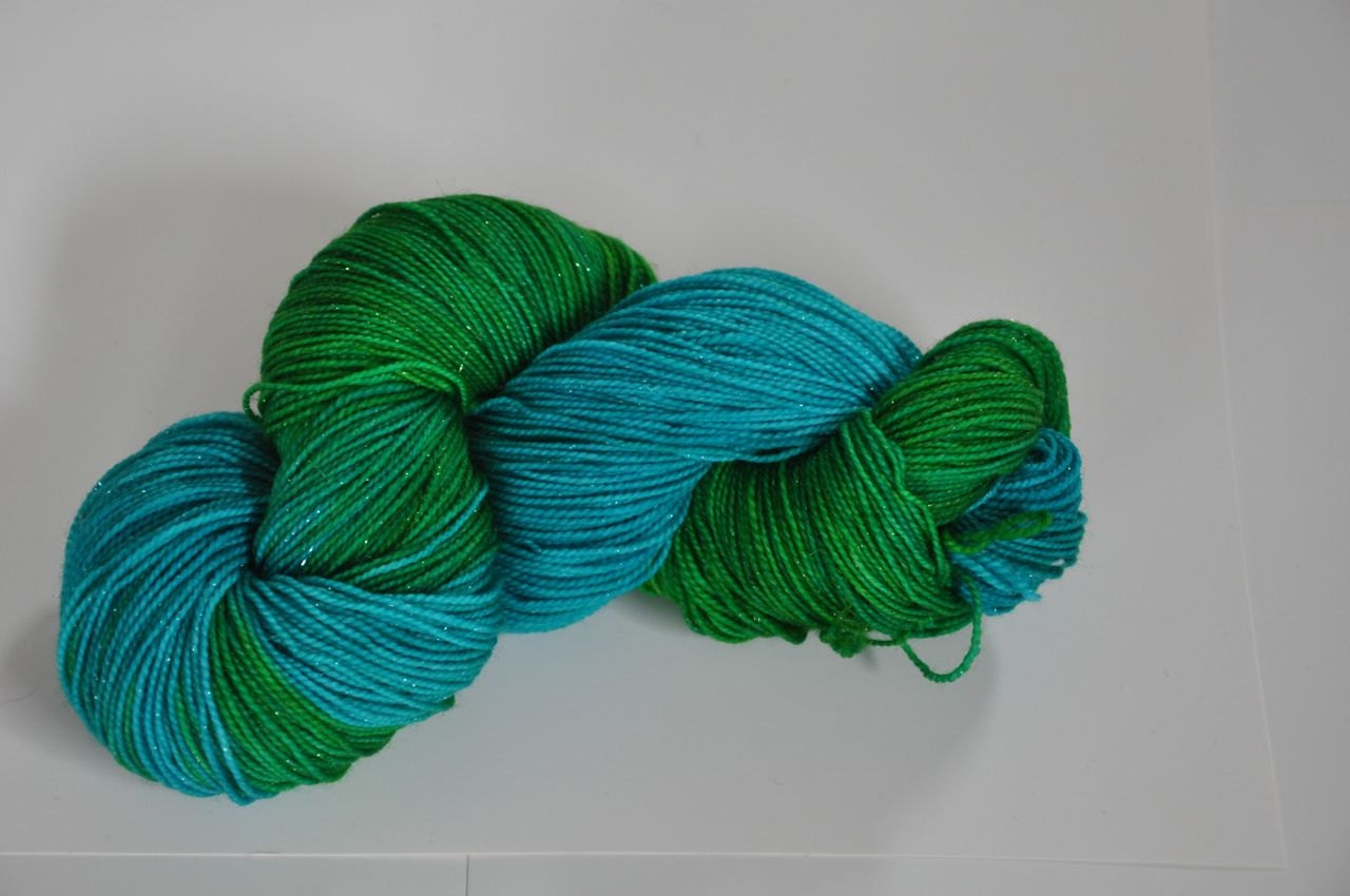 Sea Glass Hand Dyed Silver Sparkle Sock Yarn