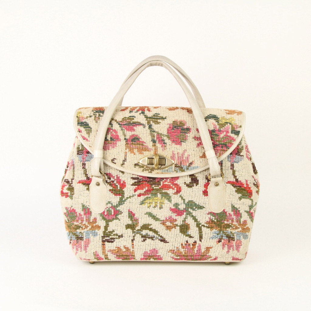 Cream Floral Crewel Large Oversized Carpet Handbag