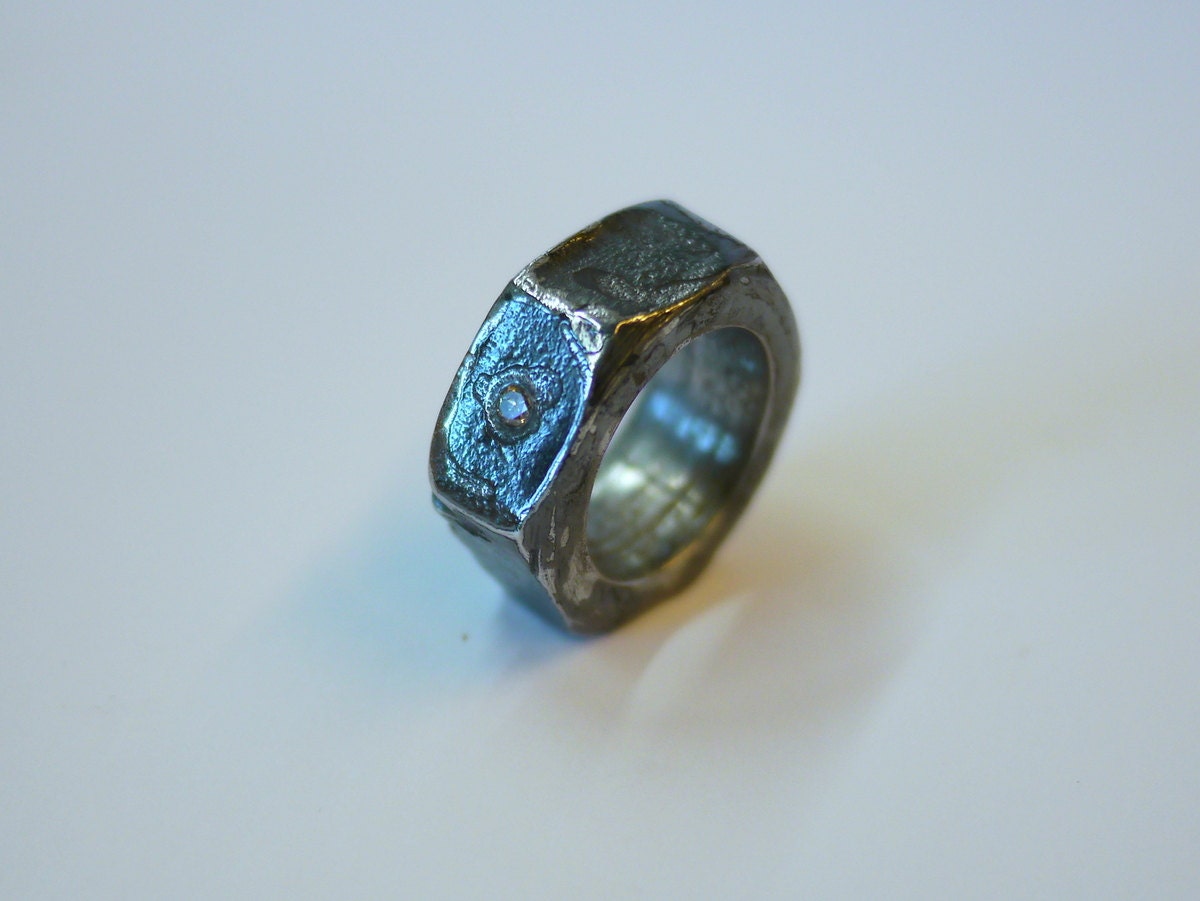 Recycled, Found Iron Nut Ring, Set With 3mm Champagne Diamond