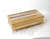 Gold Filigree Tissue Box Holder - Footed 2 Pc - Hollywood Regency