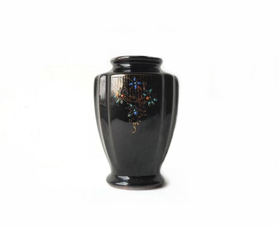 Vintage Redware Pottery Vase - Black Moriage Flowers - Gold Trim