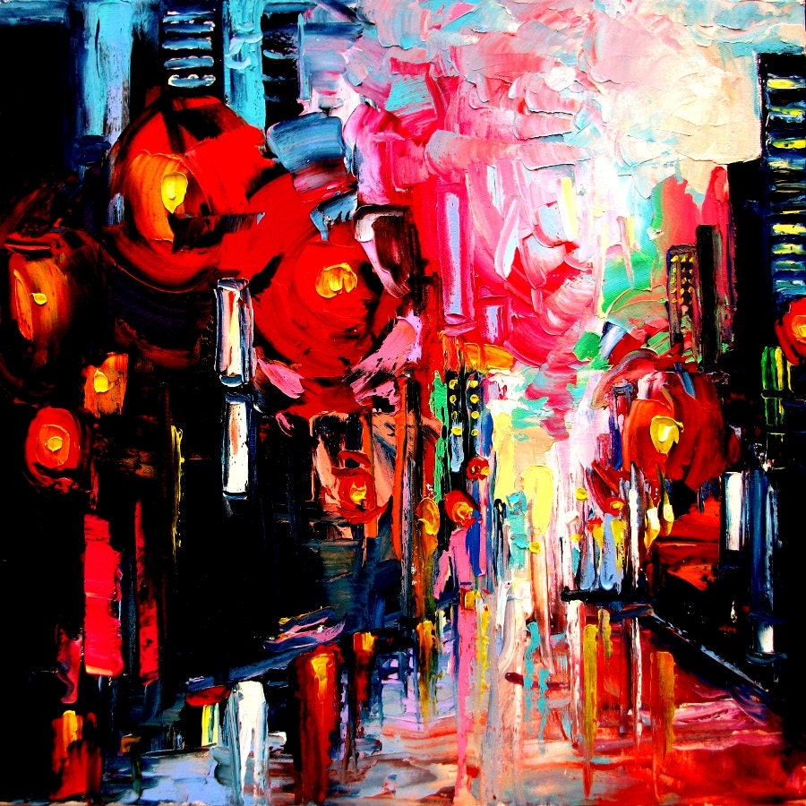 Abstract painting impasto oil landscape art by Aja 20x20 inches - Faces of the City 149