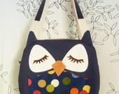Susie the Owl Navy Polka Dots Applique Canvas Tote Purse Handbag Shoulder bag