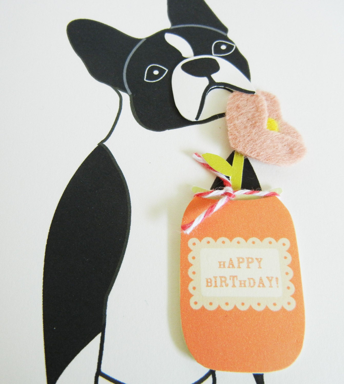 Lola the Boston Terrier Happy Birthday Felt Pink Flower Blank Note Card with Envelope