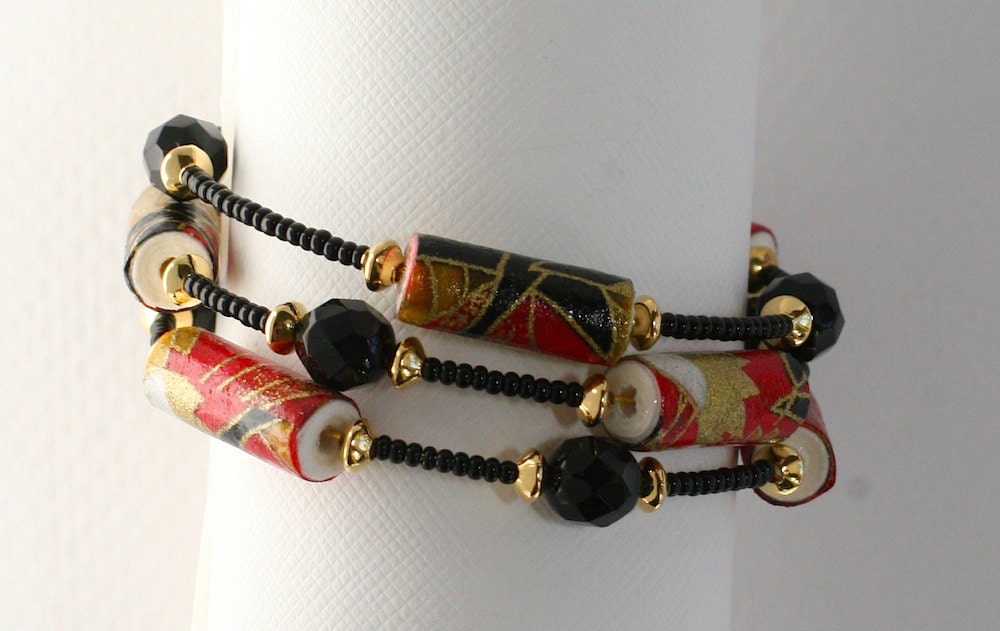 Crimson Washi Bangle Bracelet - made from sealed WASHI PAPER BEADS