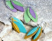 Colored Brass Leaf Earrings - You Choose Patina color Turquoise, Green, Purple or Mustard Yellow - Sterling Silver Earwires Woodland Forest