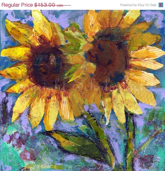 Floral Sunflower ART 12x12" ORIGINAL mixed media painting on Canvas Modern Contemporary boho home decor violet blue yellow green