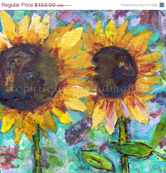 boho decor Sunflower ART ORIGINAL mixed media painting on Canvas Modern Contemporary 12x12" yellow emerald green blue floral home decor