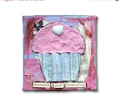 ART Pink Cupcake mixed media original canvas art 4x4" wall hanging Gift for her collage aqua blue heart art blue Celebrate your creativity