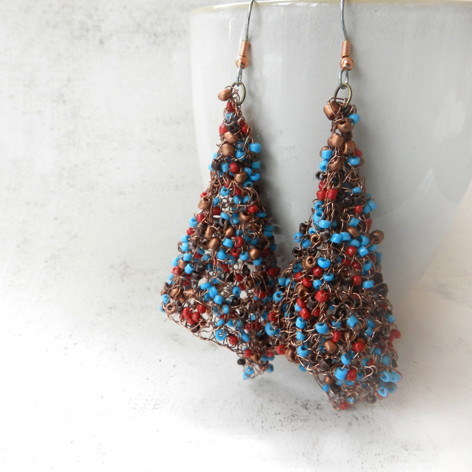 Wire Crochet Earrings, Copper Wire Earrings, Fairy Jewelry,  Statement Earrings, Turquoise and Red, Renaissance Style, Fairy Bells