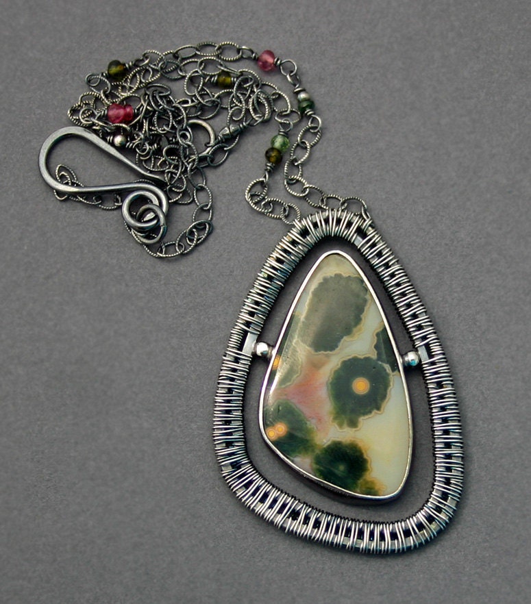 Ocean Jasper and Oxidized Silver Wire Wrapped Necklace Tourmaline Jewelry