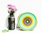 one VERY LARGE eco friendly geometric painted tree rings midcentury modern new wave chic in green hues D24